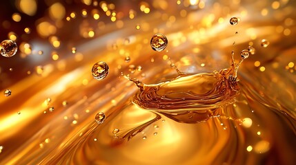 Wall Mural - Golden Liquid Splashing With Droplets And Reflections