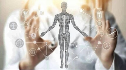 A doctor is using Leap Motion to control medical data and information on the screen, surrounded by icons representing various healthcare services