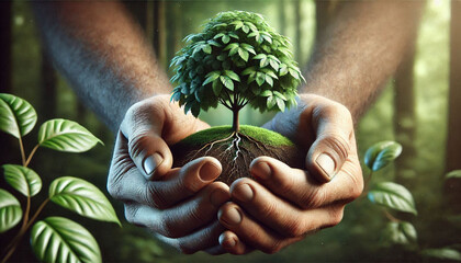 Two hands holding a small tree with roots, symbolizing care for nature, reforestation, and ecological harmony.