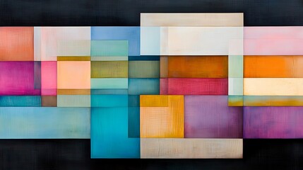 Wall Mural - Mesmerizing Display of Layered Translucent Colors in an Abstract Composition Featuring Blocks and Geometric Shapes on a Dark Background