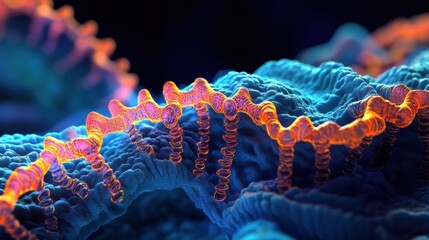 Poster - Detailed 3D visualization of virus structure showcasing capsid, spikes, RNA strands, and glowing molecular features. Generative AI
