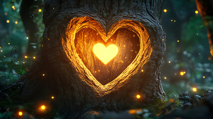 Wall Mural - a glowing heart shape carved into the bark of an ancient tree, illuminated by fireflies in a mystica