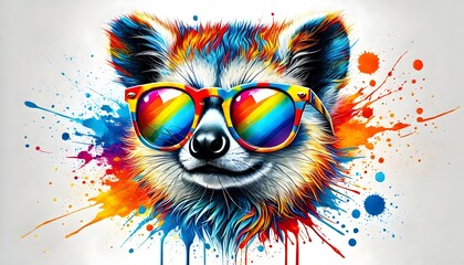  Colorful Fox with Rainbow Glasses and Paint Splatters