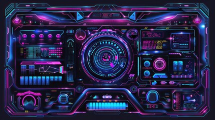 Futuristic neon-lit control panel interface with glowing buttons, dials, and digital displays.