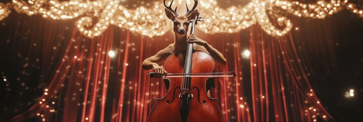 Fototapete - Deer performs on stage playing a cello amidst sparkling lights and curtains during an enchanting evening event. Generative AI