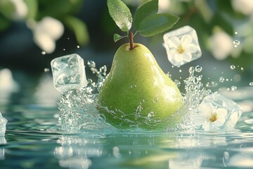 Pear Splash: A crisp green pear, adorned with a single leaf, creates a mesmerizing splash as it plunges into a cool, refreshing water, surrounded by floating ice cubes and delicate white blossoms.  