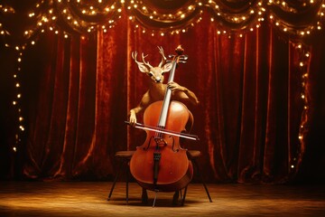 Poster - Deer performs a captivating cello piece under stage lights in a whimsical concert setting. Generative AI