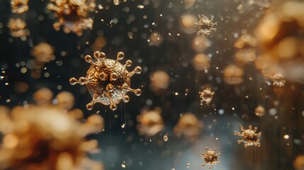 Aufkleber - Viruses floating in droplets of water showcasing detailed microscopic structures and interactions in a scientific environment. Generative AI
