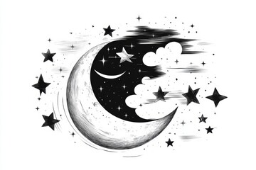 Aufkleber - A clean line art illustration of a crescent moon with simple stars scattered around it, drawn in black on a white background