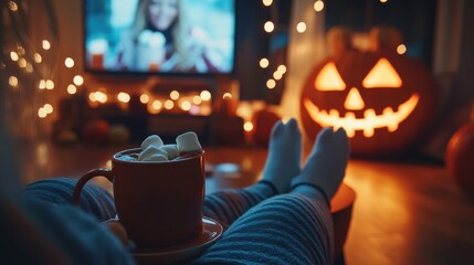 halloween, holidays and leisure concept - young woman watching tv and drinking hot chocolate with marshmallow with her feet on table at cozy home