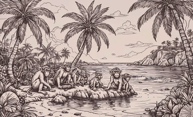 Fototapete - Group of monkeys are sitting on a rock near the water. There are five monkeys in total