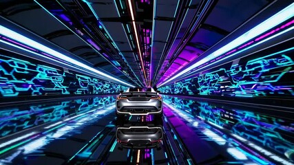 Leinwandbilder - Futuristic car navigating a vibrant digital tunnel filled with neon lights and patterns in an innovative environment