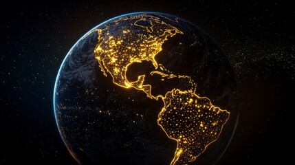 Wall Mural - highly detailed earth showing north and south america illuminated by lights at night, surrounded by 