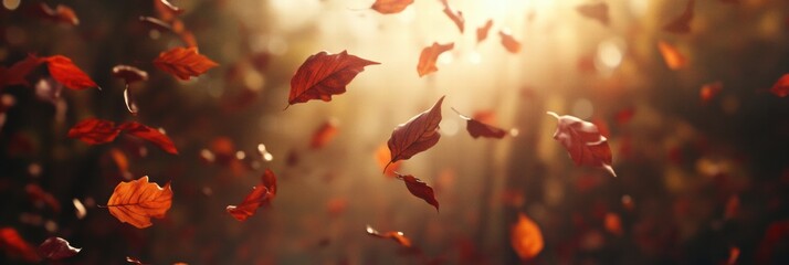 Poster - Autumn leaves gracefully fall through the sunlit forest during the peaceful season of change and renewal. Generative AI