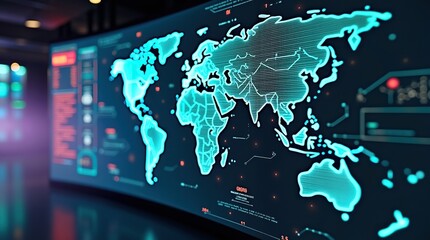 A futuristic tech world map projected on a large, curved electronic display screen swirling data streams, representing global network security and data computing connectivity.