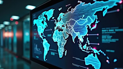 A futuristic tech world map projected on a large, curved electronic display screen swirling data streams, representing global network security and data computing connectivity.