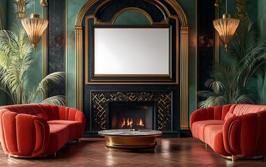 Wall Mural - Elegant art deco living room with fireplace, red sofas, and blank canvas