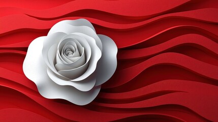 Wall Mural - white rose on red paper background with artistic waves and shapes design