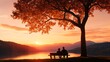© nitiroj - Romantic couple sitting on a bench by a heartshaped lake, sunset view, 3D illustration
