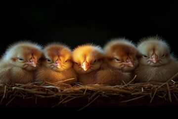 A cute group of baby chicks nestled together, perfect for Easter celebrations, showcasing their fluffy feathers and adorable faces.