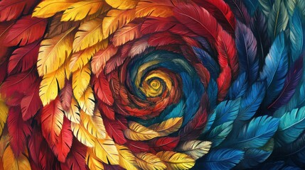 Wall Mural - Colorful array of feathers in shades of red, yellow, and blue arranged in a spiral pattern.