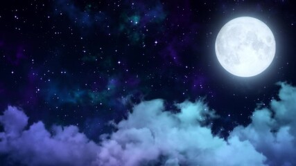 Wall Mural - full moon and starry night sky with clouds meditation motion background,glowing and shiny stars  relaxing social media design element