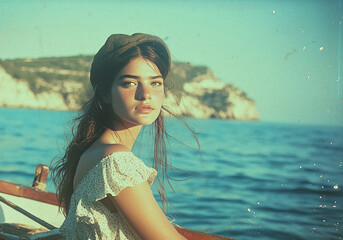 VINTAGE PHOTOGRAPH OF A young woman with long hair gazes thoughtfully at sea while sitting on boat. serene blue water and distant cliffs create tranquil atmosphere