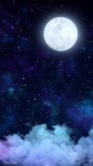 Wall Mural - full moon and starry night sky with clouds meditation vertical motion background,glowing and shiny stars  relaxing social media design element