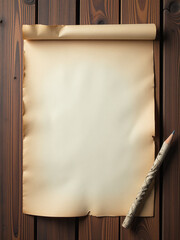 Wall Mural - a worn sheet of paper sits on a wooden table next to a pencil made from a twisted tree branch. 00003