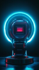Wall Mural - high-tech electronic gadget projecting vibrant neon radiance, glowing red center illuminating shadow