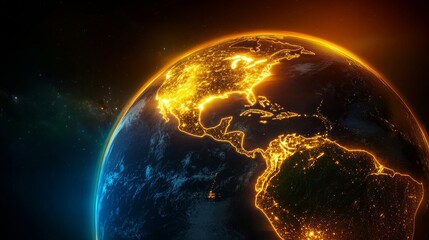 Wall Mural - highly detailed earth showing north and south america illuminated by the setting sun, seen from spac
