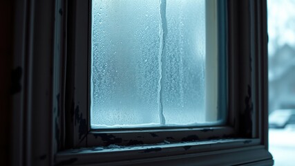 Wall Mural - A Close-up View of a Window Pane Covered in Condensation, with Water Droplets Forming a Pattern on the Glass