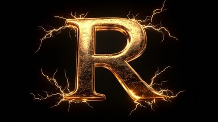 Wall Mural - Glowing golden letter R crackling with electric lightning, radiating dynamic energy against dramatic black backdrop