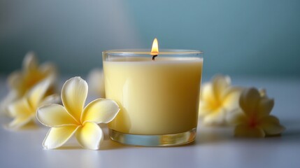 Wall Mural - A Yellow Candle Burning Brightly Surrounded by Plumeria Flowers