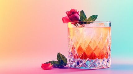 Wall Mural - Glass of alcohol with a rose on top. The rose is green and the glass is clear