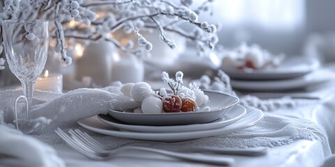 Wall Mural - Table with a white tablecloth and a white table setting with a white plate and a fork