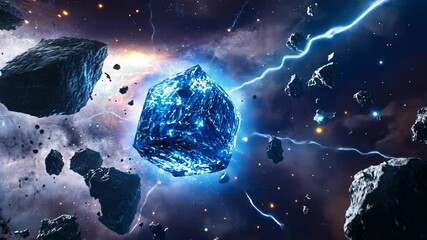 Stunning cosmic scene of a glowing blue crystal surrounded by asteroids and electric energy in outer space