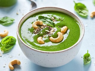 Sticker - White bowl filled with a green soup topped with nuts and spinach. The soup is a healthy and nutritious meal that is perfect for a light lunch or dinner. The bowl is placed on a blue surface