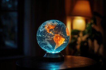 globe with a blue and orange surface sits on a table. the globe is lit up, creating a warm and invit