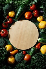 Sticker - Wooden board with a circle in the middle and a variety of fruits and vegetables surrounding it. The idea behind this image is to showcase the beauty and diversity of nature's bounty