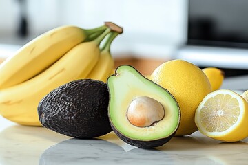 A Burst of Flavor: A vibrant still life featuring ripe bananas, avocados, and lemons, offering a tempting visual and culinary symphony of textures and colors.  