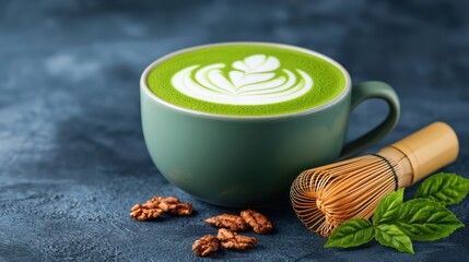 Wall Mural - Freshly Whipped Matcha Tea in Ceramic Cup with Whisk and Snack