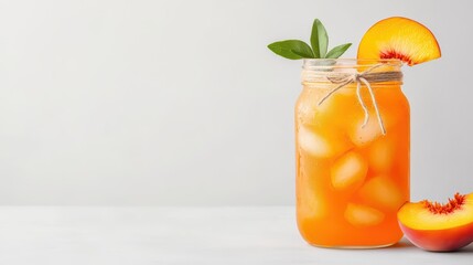 Wall Mural - Refreshing Peach Beverage in Jar with Ice and Mint Leaves