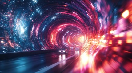 Wall Mural - Futuristic highway tunnel with vibrant light trails and speeding cars.