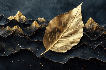 Poster - Leaf is on top of a mountain. The leaf is gold and the mountain is black