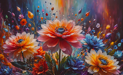 Poster - Painting of a bouquet of flowers with a blue flower in the middle. The flowers are orange, pink, and blue