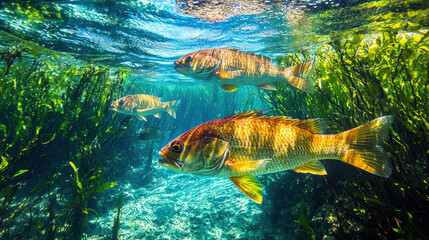 Wall Mural - Vibrant underwater scene with fish swimming among plants