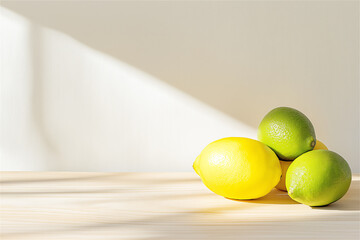 Wall Mural - Minimalist composition of fresh limes and lemons on a light wooden surface with soft lighting, emphasizing natural simplicity and freshness.