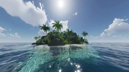 Wall Mural - Idyllic tropical island with palm trees, clear water, and sunny sky.