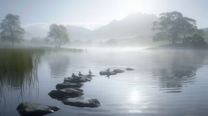 Wall Mural - Misty lake sunrise with birds on rocks.